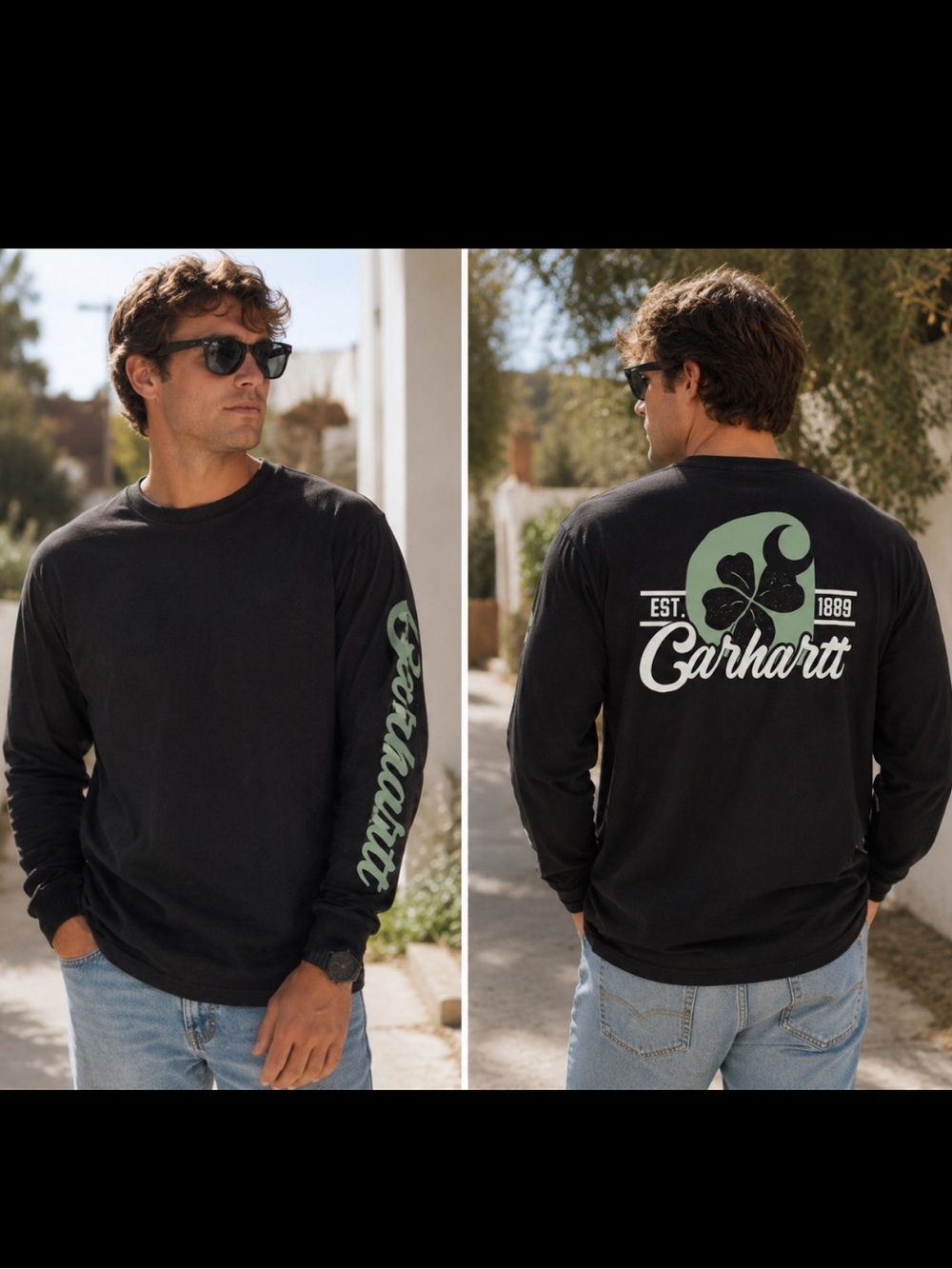 Carhartt Black Long-Sleeve Tee with Green Script & Logo